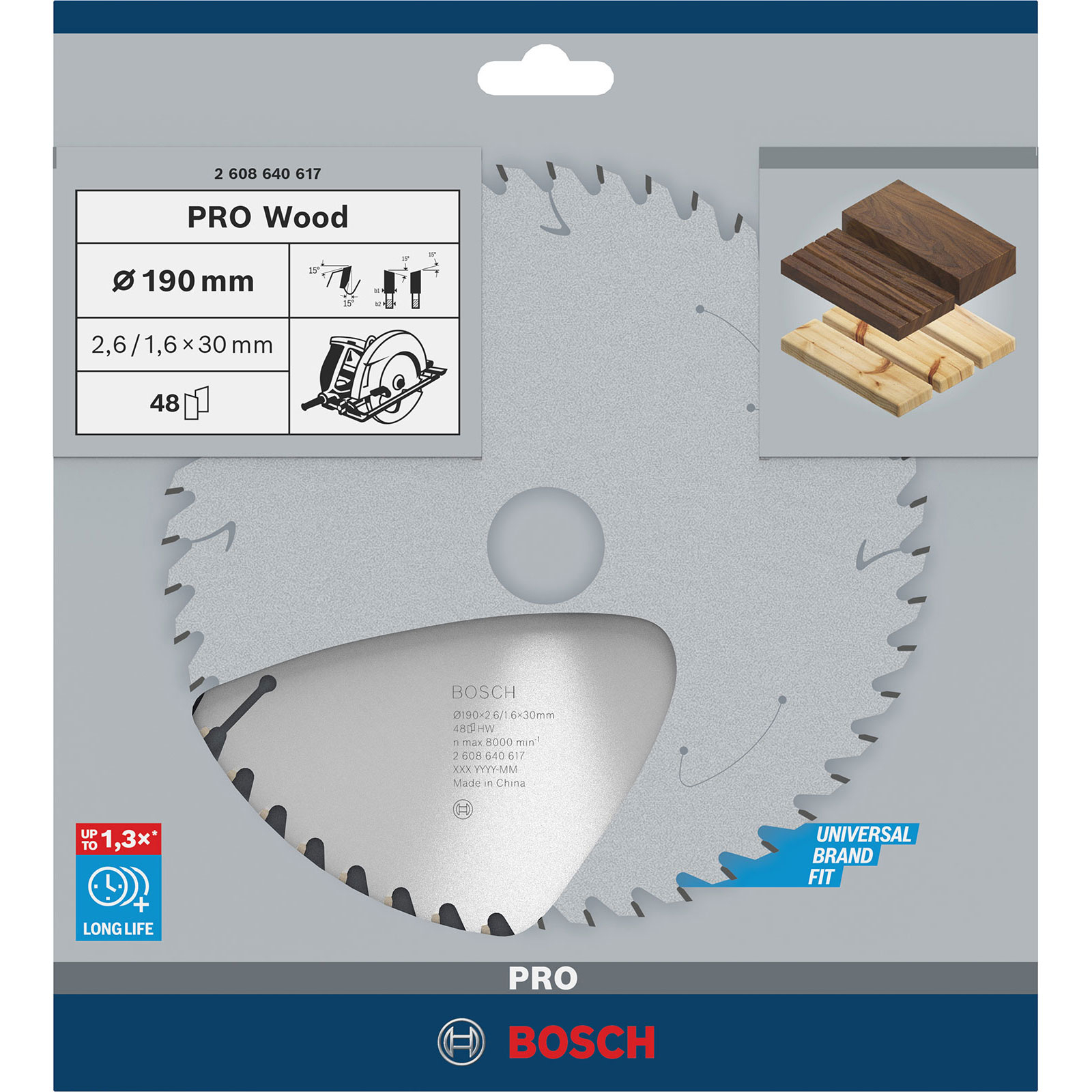 Bosch PRO Wood Sägeblatt mit Details zu Größe, Zähnen und Holzmustern.