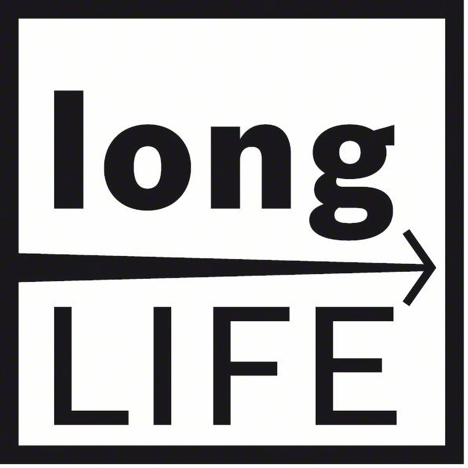 Testo nero su bianco: "long" sopra "LIFE". Una freccia a destra. Bordo nero.