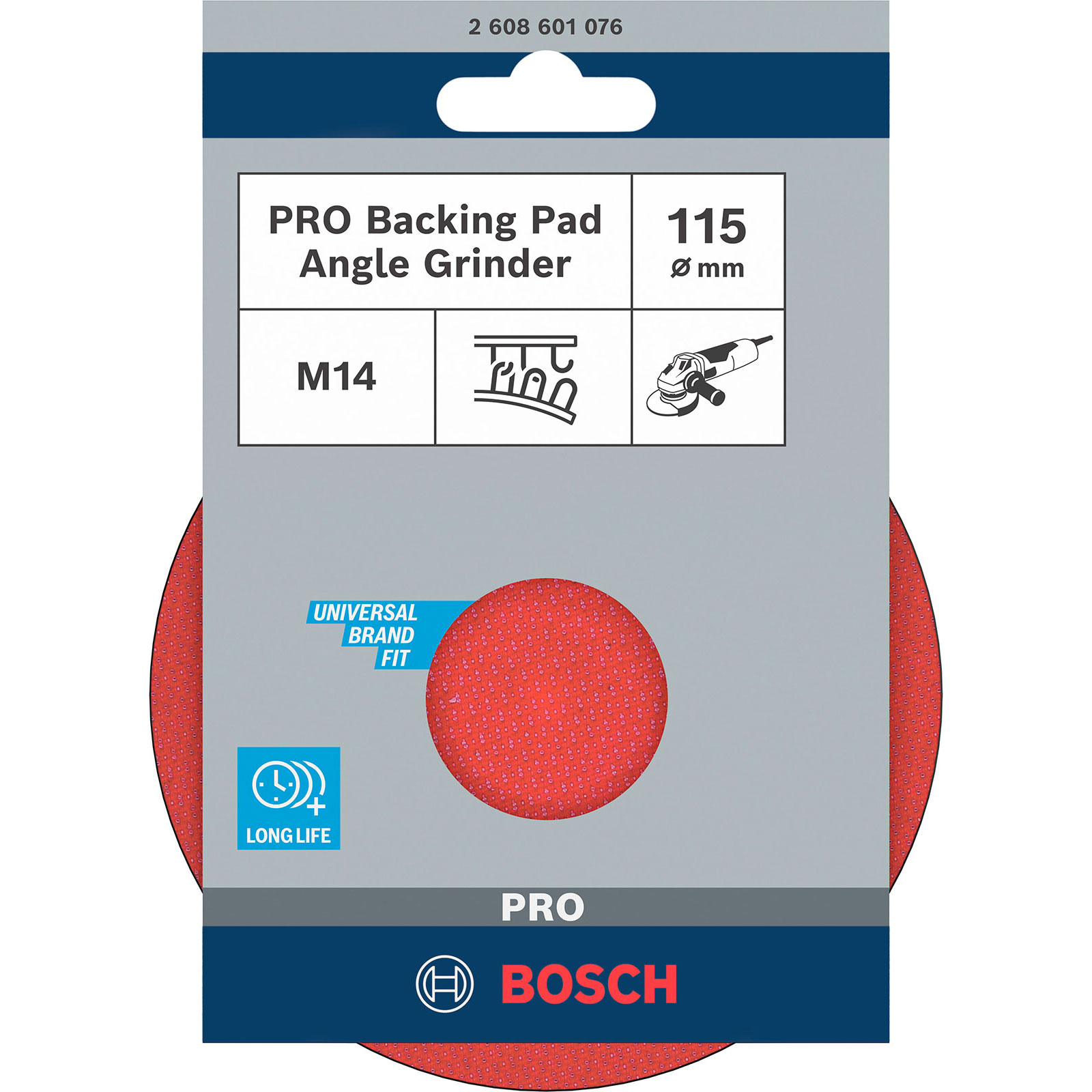 Verpackung für ein Bosch PRO Stützteller für Winkelschleifer. Sie zeigt das Produkt und Details wie Größe und Marke.