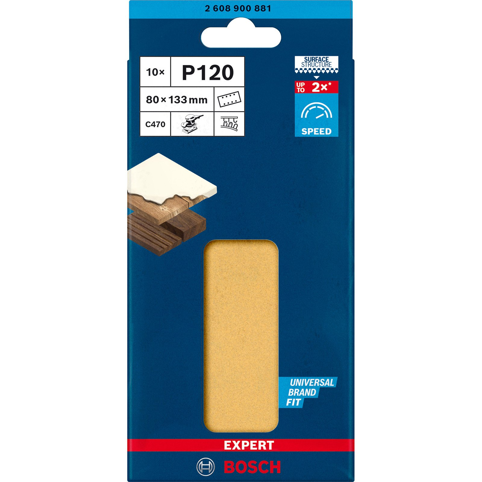 Confezione blu Bosch con carta vetrata, campioni di legno e testo: P120, 80x133mm, ed Expert.
