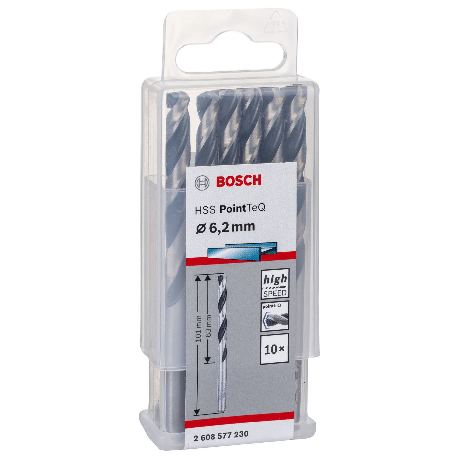 Bosch-Bohrerpackung. Zehn Metallbohrer in einer transparenten Kunststoffhülle. Das Etikett zeigt Spezifikationen und Merkmale.