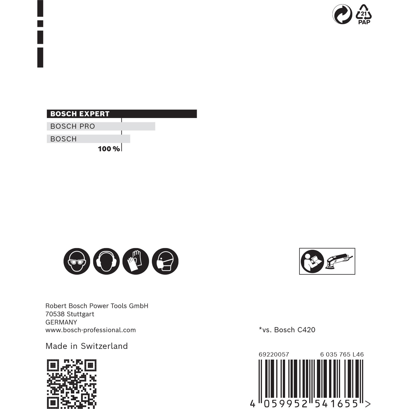 Weißer Hintergrund mit schwarzem Text und Logos, darunter Bosch-Produktinformationen, Sicherheitssymbole und ein Barcode.