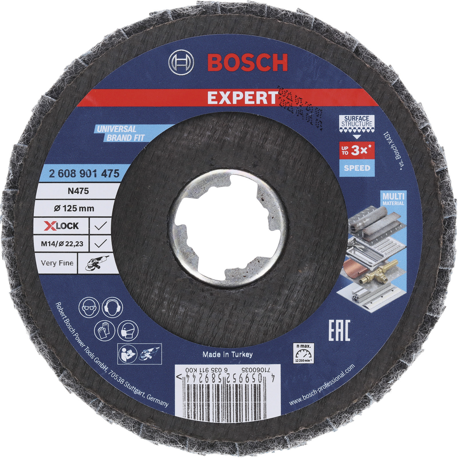 Un disco abrasivo circolare Bosch Expert. È nero e blu con testo bianco. Contiene informazioni sul prodotto e icone di sicurezza.