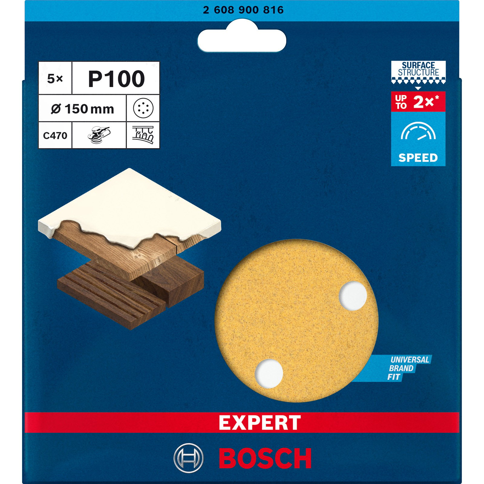 Bosch P100 Schleifscheibe, 150 mm Durchmesser, mit Holzprobe und blauem Hintergrund.