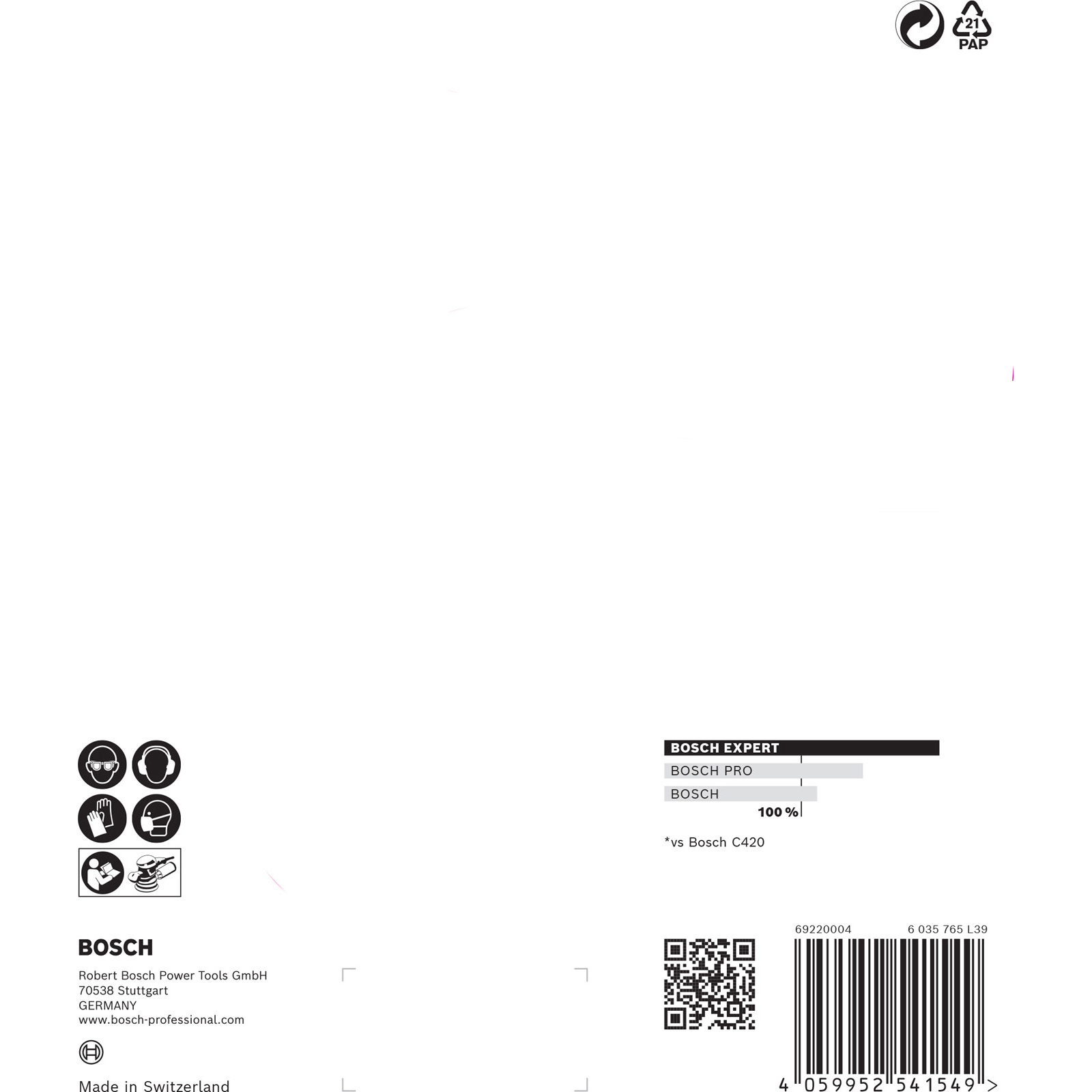 Weißer Hintergrund mit Bosch-Text, Sicherheitssymbolen und Produktdetails, einschließlich Barcode und Recycling-Symbol.