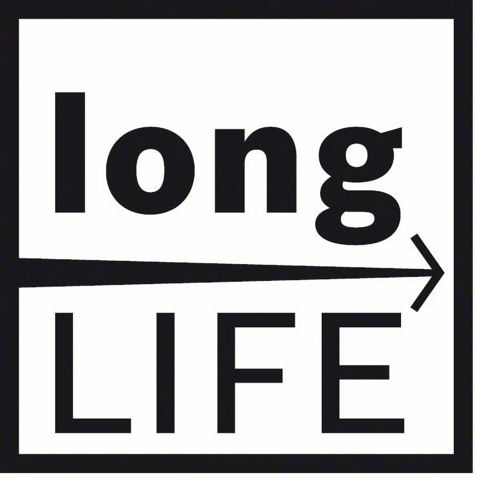 Schwarzer Text 'long LIFE' in einem schwarzen Quadrat auf weißem Hintergrund. Ein Pfeil zeigt von long zu LIFE.