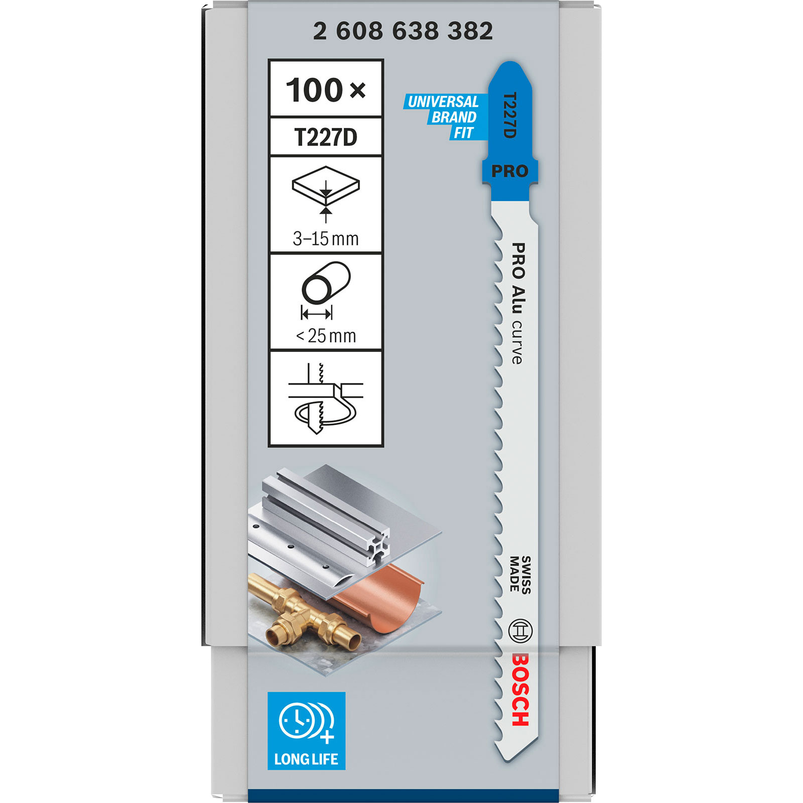 Bosch T227D Pro Sägeblattverpackung. Zeigt Sägeblatt, Produktinfo und verschiedene Schneidmaterialien.