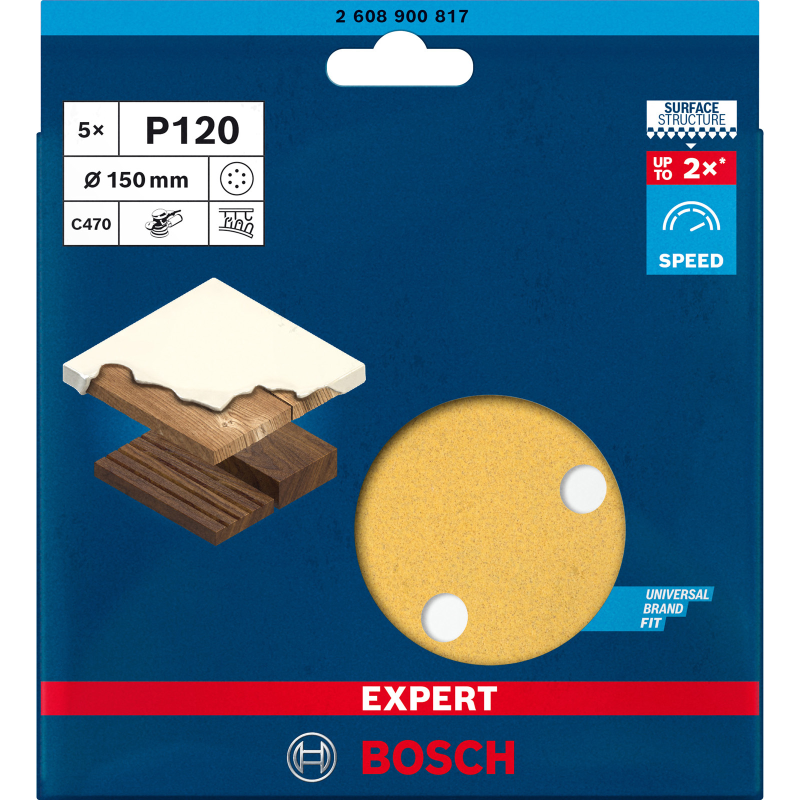 Bosch Expert P120 Schleifscheibenpackung, mit Holzmustern. Gelbe Scheibe mit zwei Löchern. Blauer Hintergrund mit Text und Symbolen.