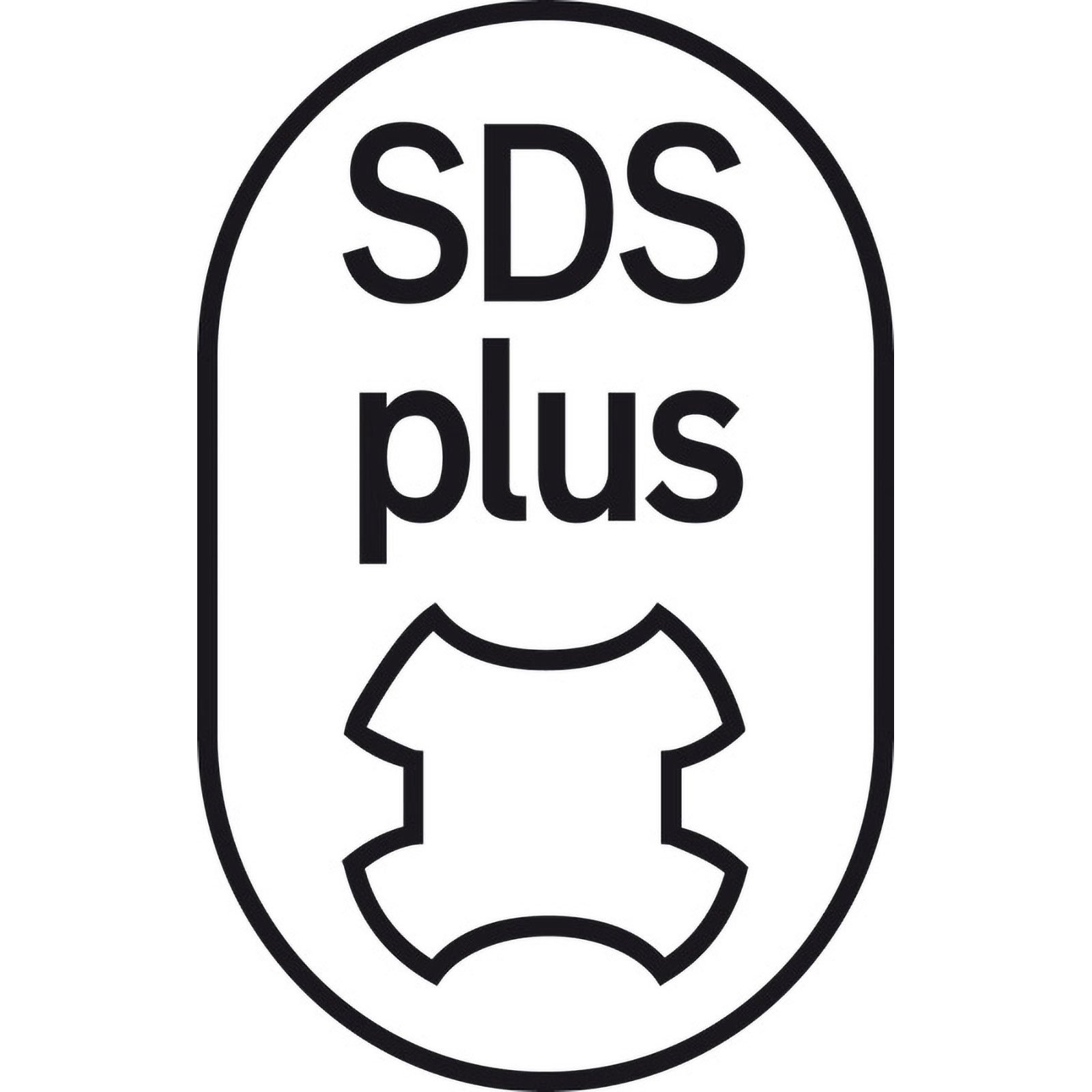 Logo SDS plus in bianco e nero, con testo e una forma stilizzata all'interno di un ovale.