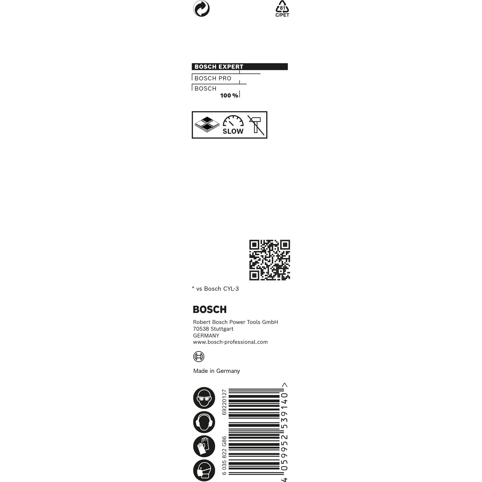 Białe opakowanie z logo i tekstem Bosch. Zawiera ikony, kod QR i symbole bezpieczeństwa.