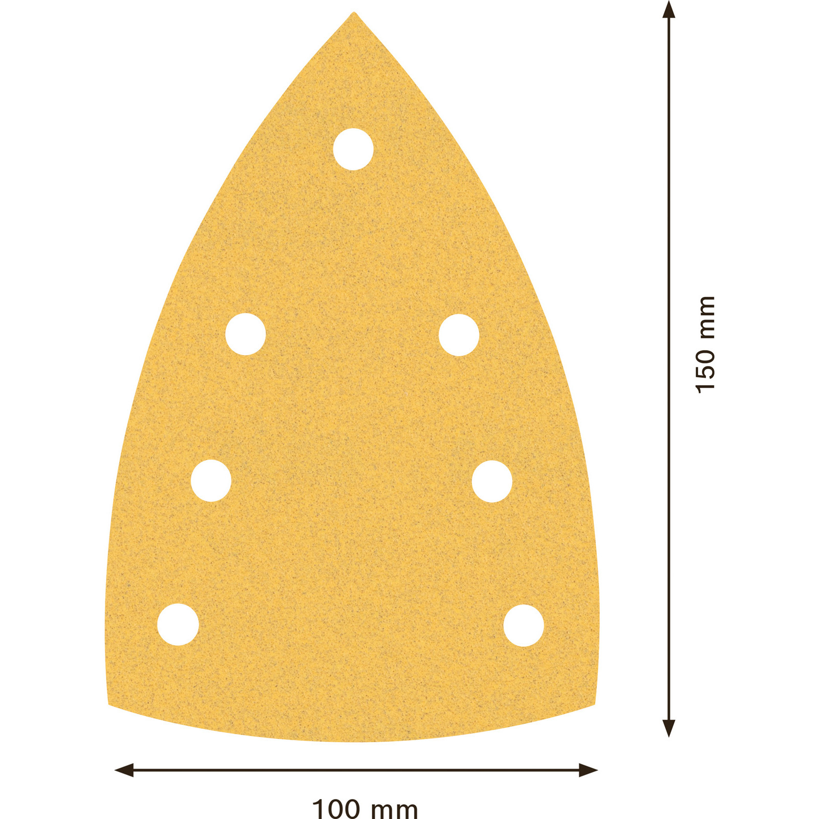 Gelbes Schleifpapier mit Löchern. Abmessungen: 150 mm x 100 mm. Zum Schleifen verwendet.
