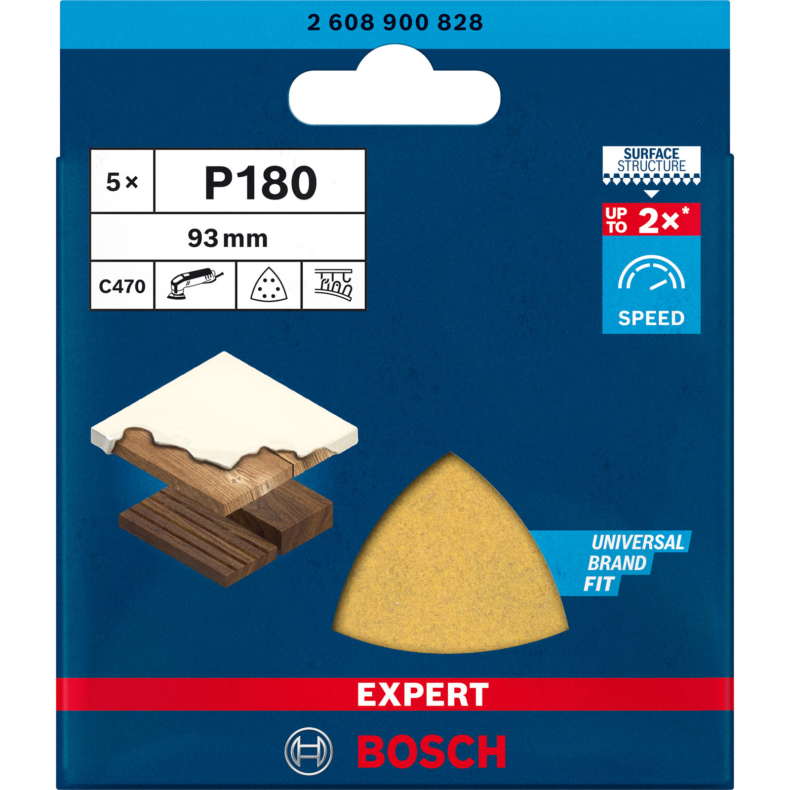 Un paquet bleu avec un triangle de ponçage. Il affiche P180, 93mm et la marque Bosch. Il y a des échantillons de bois.