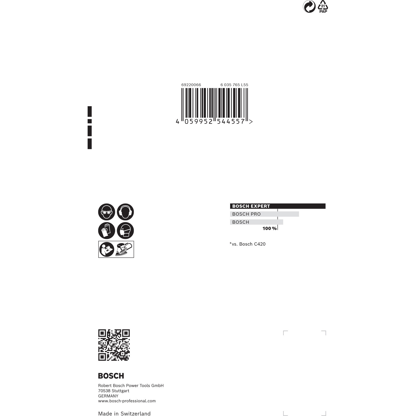 Weißes Produktetikett mit schwarzem Text und Sicherheitssymbolen. Enthält Barcode, Bosch-Logo und Produktdetails.