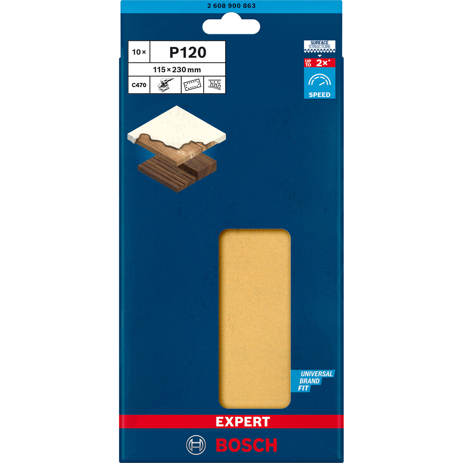 Bosch P120 Schleifpapierpackung. Blaue und rote Verpackung. Enthält eine Holzprobe und ein helles Material.