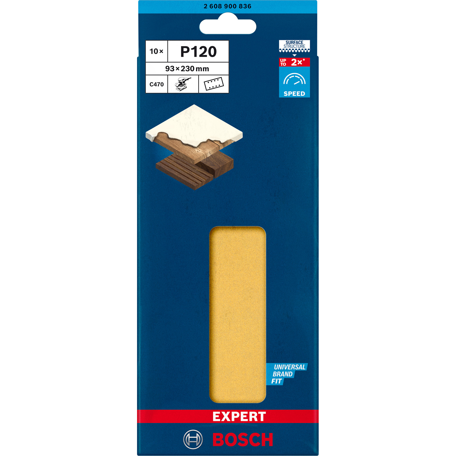 Bosch-Schleifpapierpaket mit Holzmustern. Enthält die Körnung P120, universelle Markenpassform und Expertenbezeichnung.