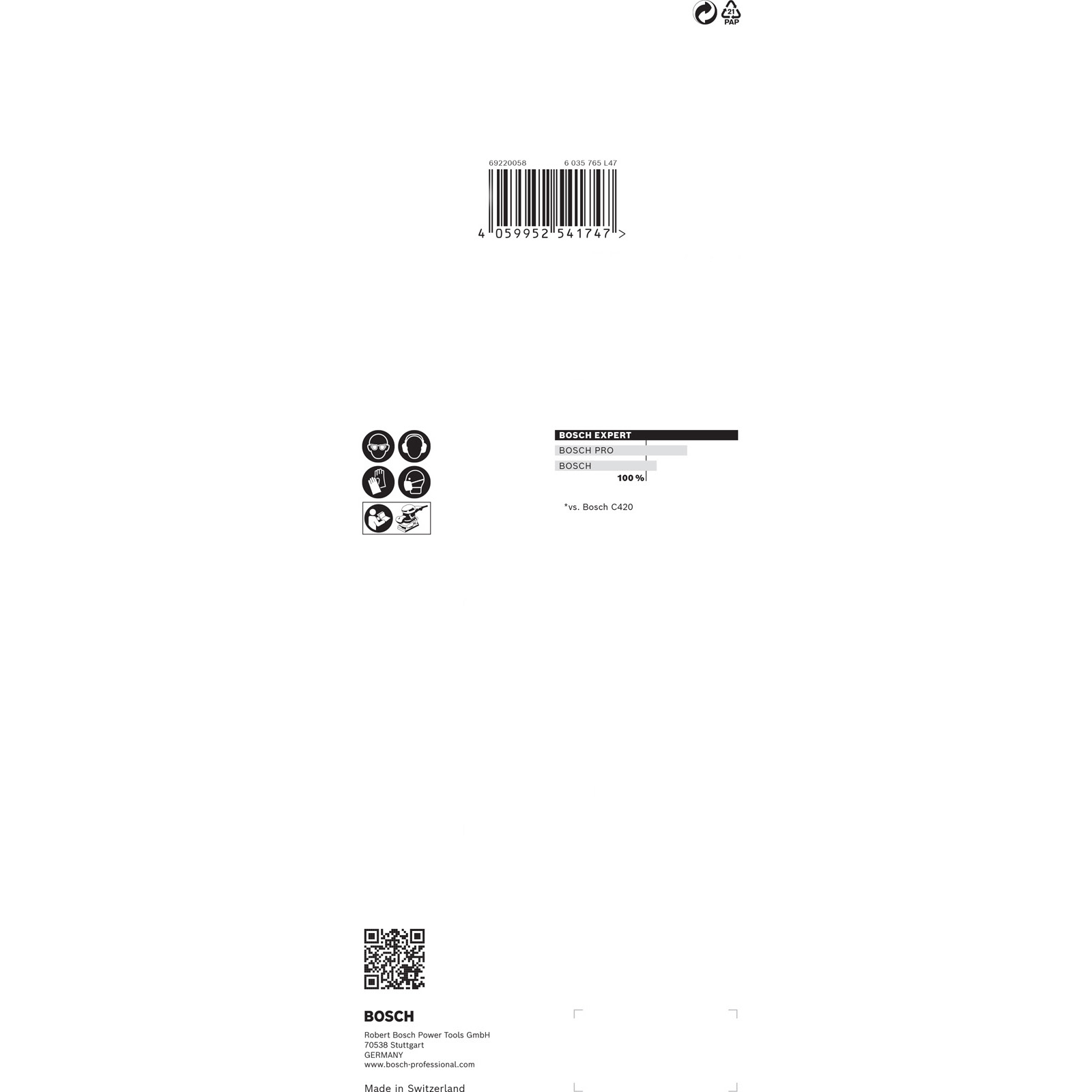 Weißes Produktinformationsblatt mit Bosch-Logo, Sicherheitssymbolen, Barcode und Produktvergleichstabelle. Hergestellt in der Schweiz.