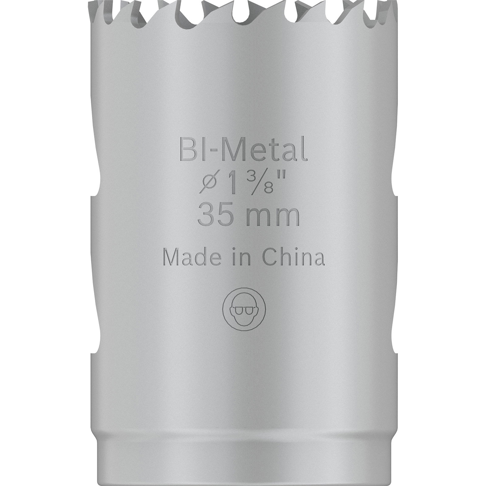 Srebrna piła otwornica bimetalowa. Tekst: BI-Metal, 1 3/8", 35 mm, Made in China. Logo bezpieczeństwa.