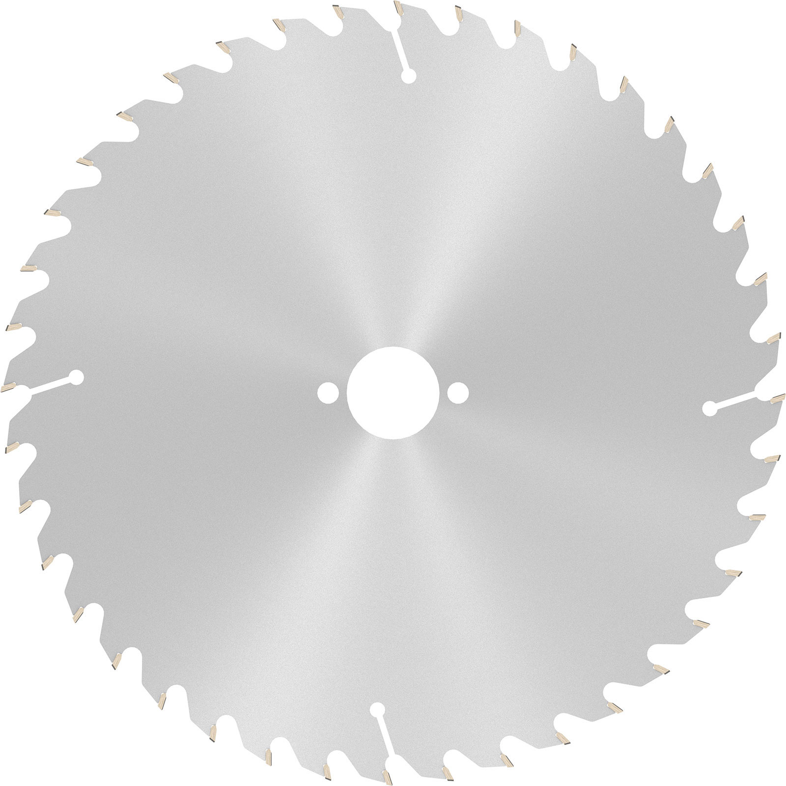Kreissägeblatt, silbernes Metall mit scharfen Zähnen am Rand. Ein Mittelloch und kleinere Löcher sind sichtbar.