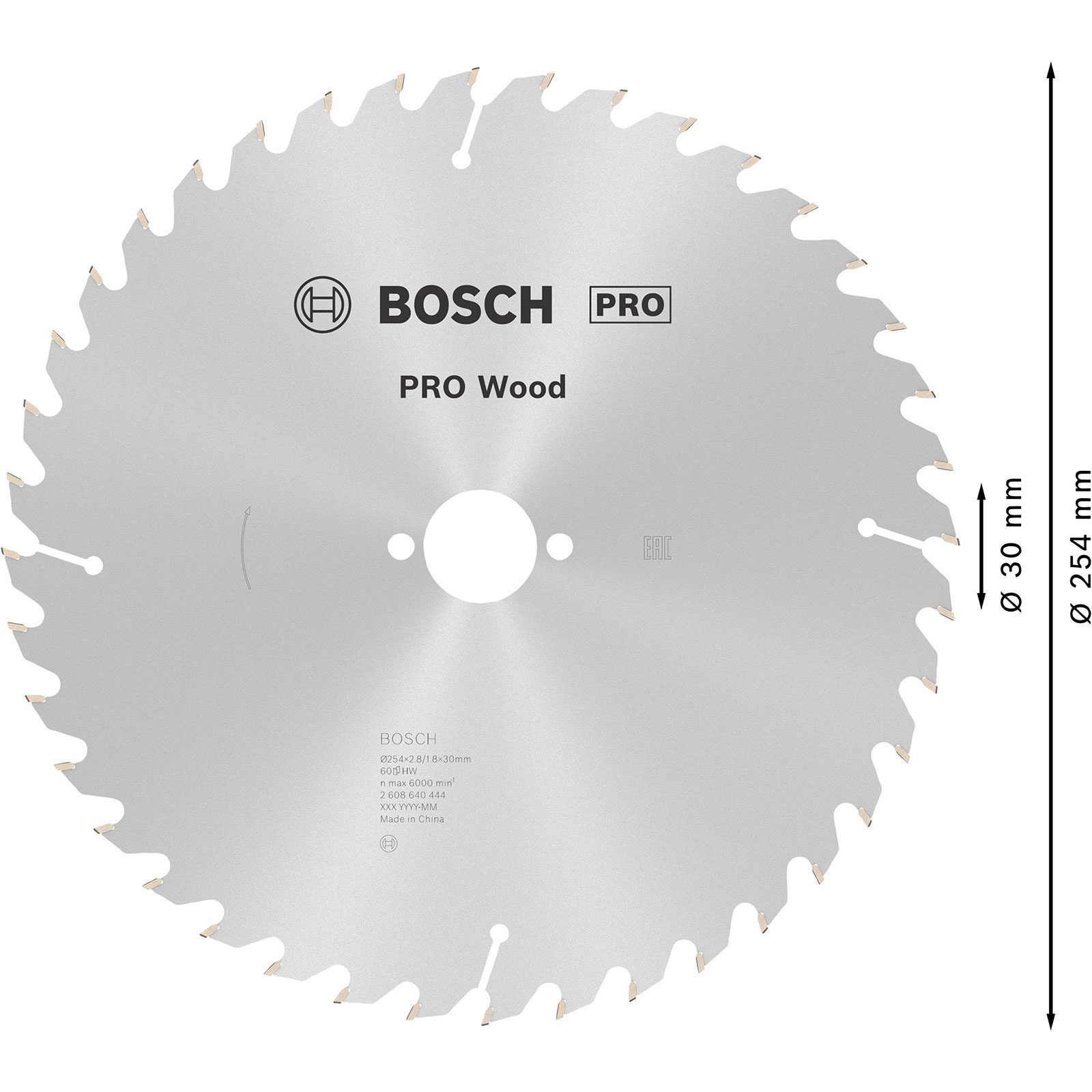Kreissägeblatt. Silberne Klinge mit Zähnen. Bosch Pro Wood Label. Maße und Details werden angezeigt.