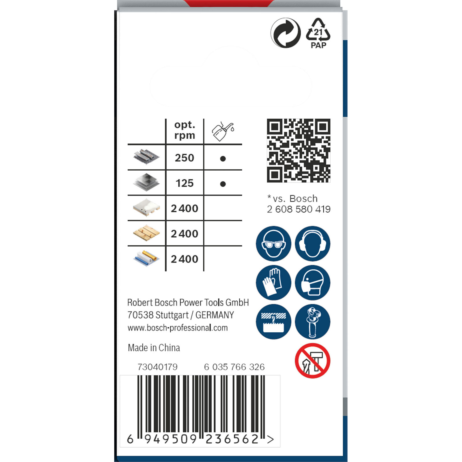 Etykieta produktu Bosch z tekstem, ikonami i kodem kreskowym. Zawiera symbole bezpieczeństwa i specyfikacje techniczne.