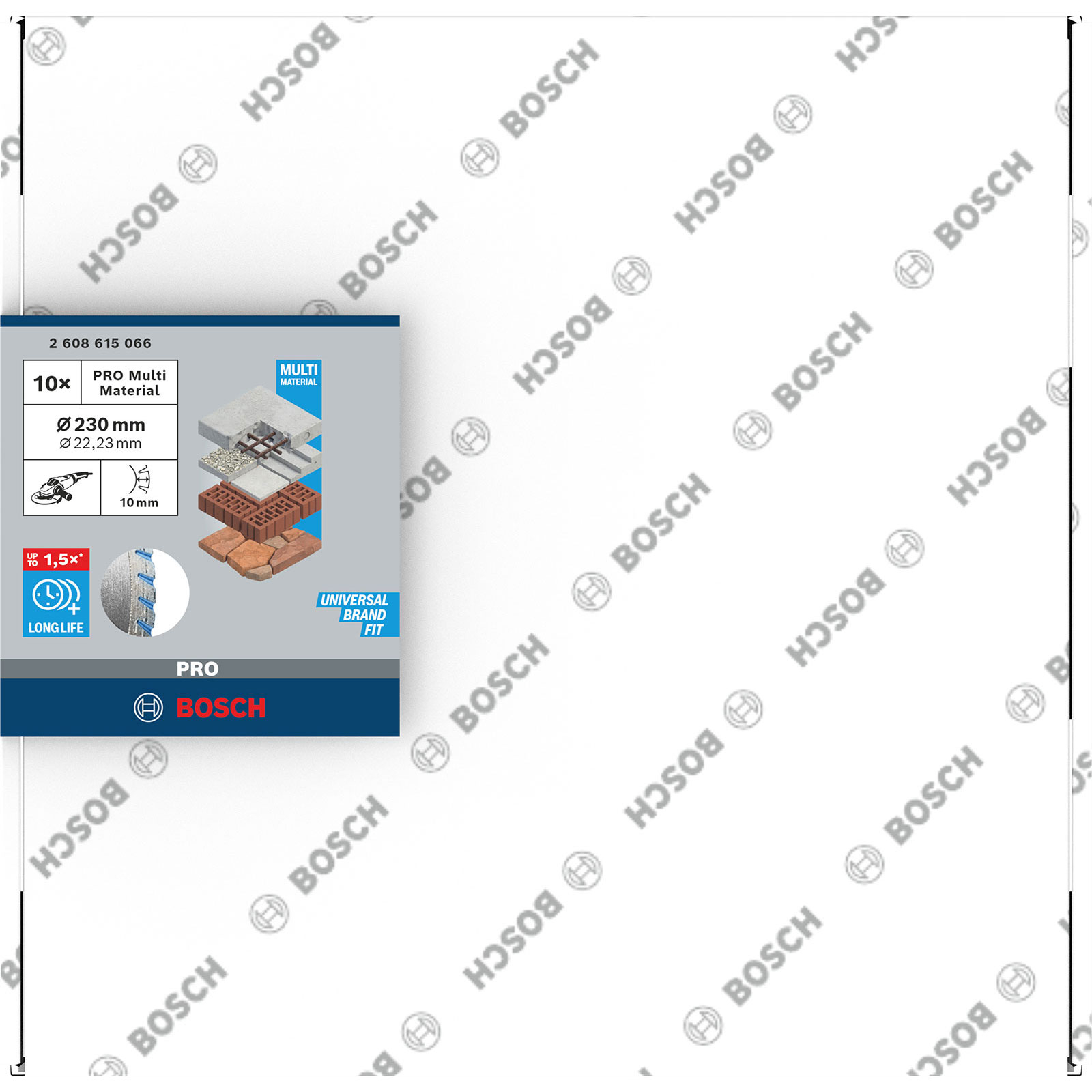Bosch Pro Multi Material Klinge Details. Zeigt Materialien, Abmessungen und Langzeit-Symbol.