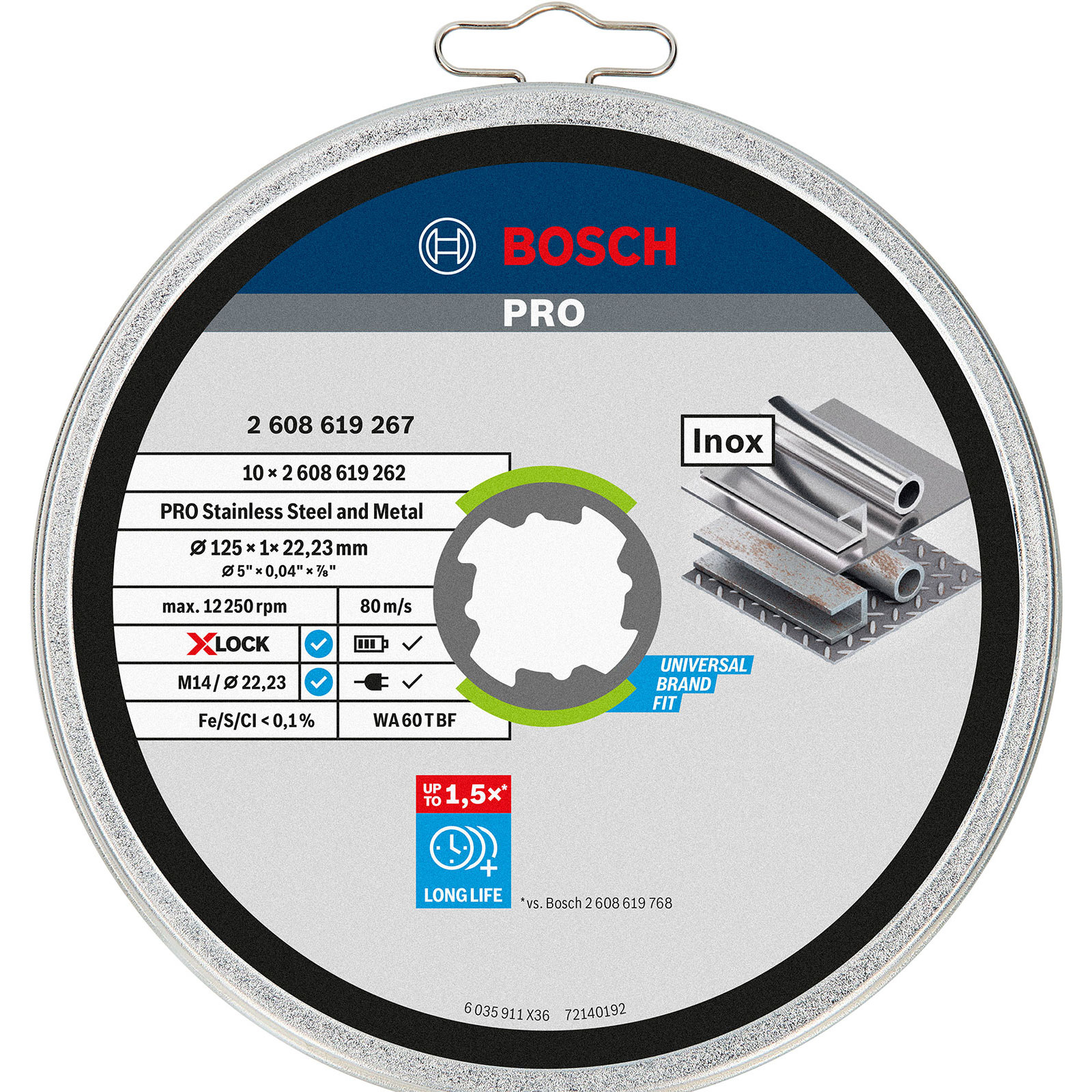 Bosch Pro snijschijf voor metaal. Kenmerken: X-LOCK en Inox. Details over maten, RPM en materiaalcompatibiliteit.