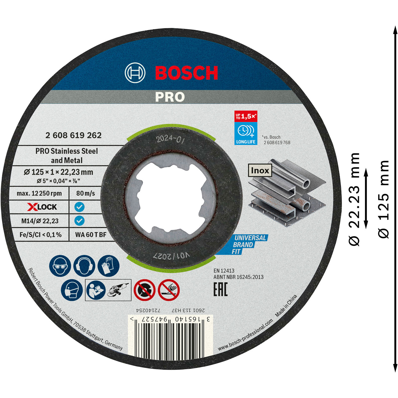 Een Bosch Pro metalen snijschijf met afmetingen. Blauw en zwart met witte tekst, productdetails en veiligheidssymbolen.
