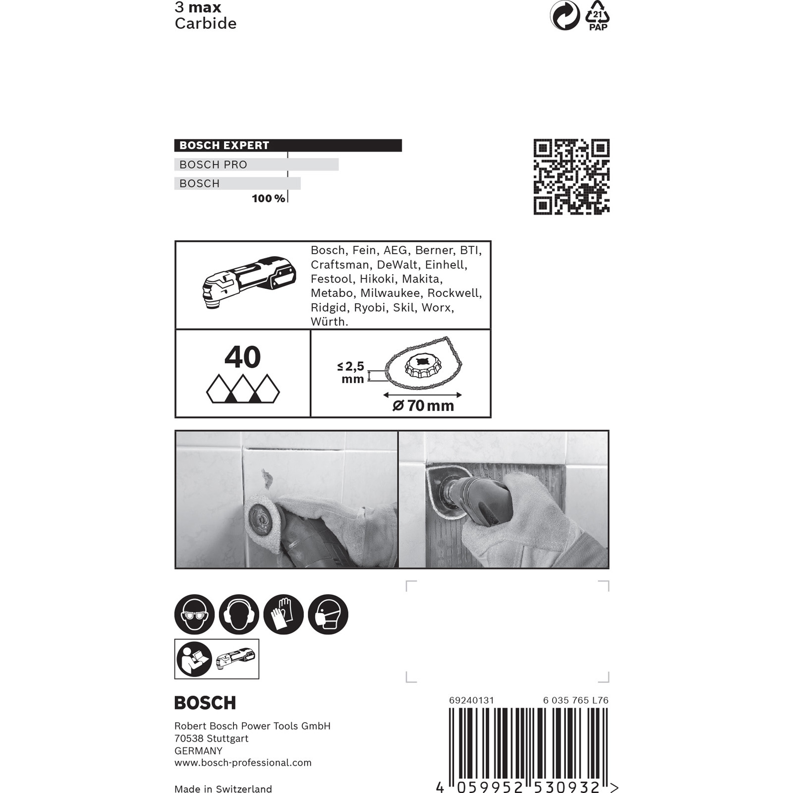 Bosch-Werkzeugprodukt. Enthält Werkzeugdiagramm, Spezifikationen und Anwendungsbilder auf weißem Hintergrund.