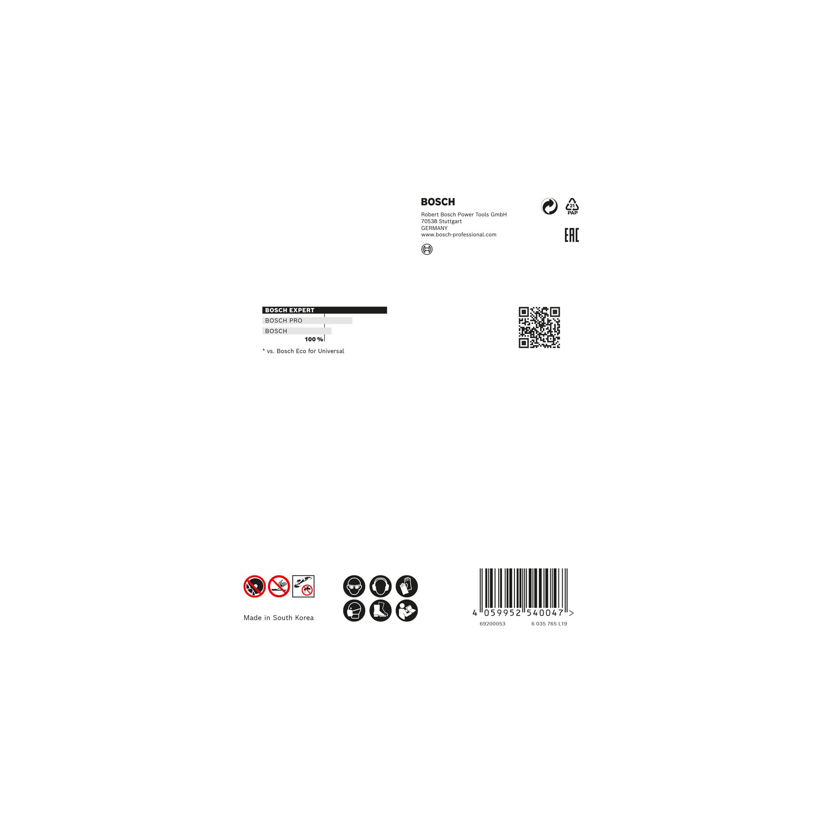 Weißer Hintergrund mit Bosch-Logo, Produktinfos und Sicherheitssymbolen. Ein Barcode und ein QR-Code sind ebenfalls vorhanden.