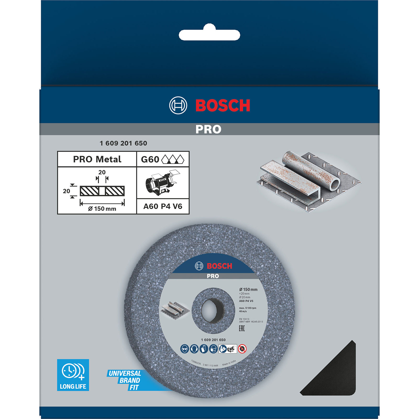 Eine Bosch Pro Metall-Schleifscheibe. Enthält ein Diagramm, Metallproben und Produktdetails. Der Hintergrund ist blau und weiß.