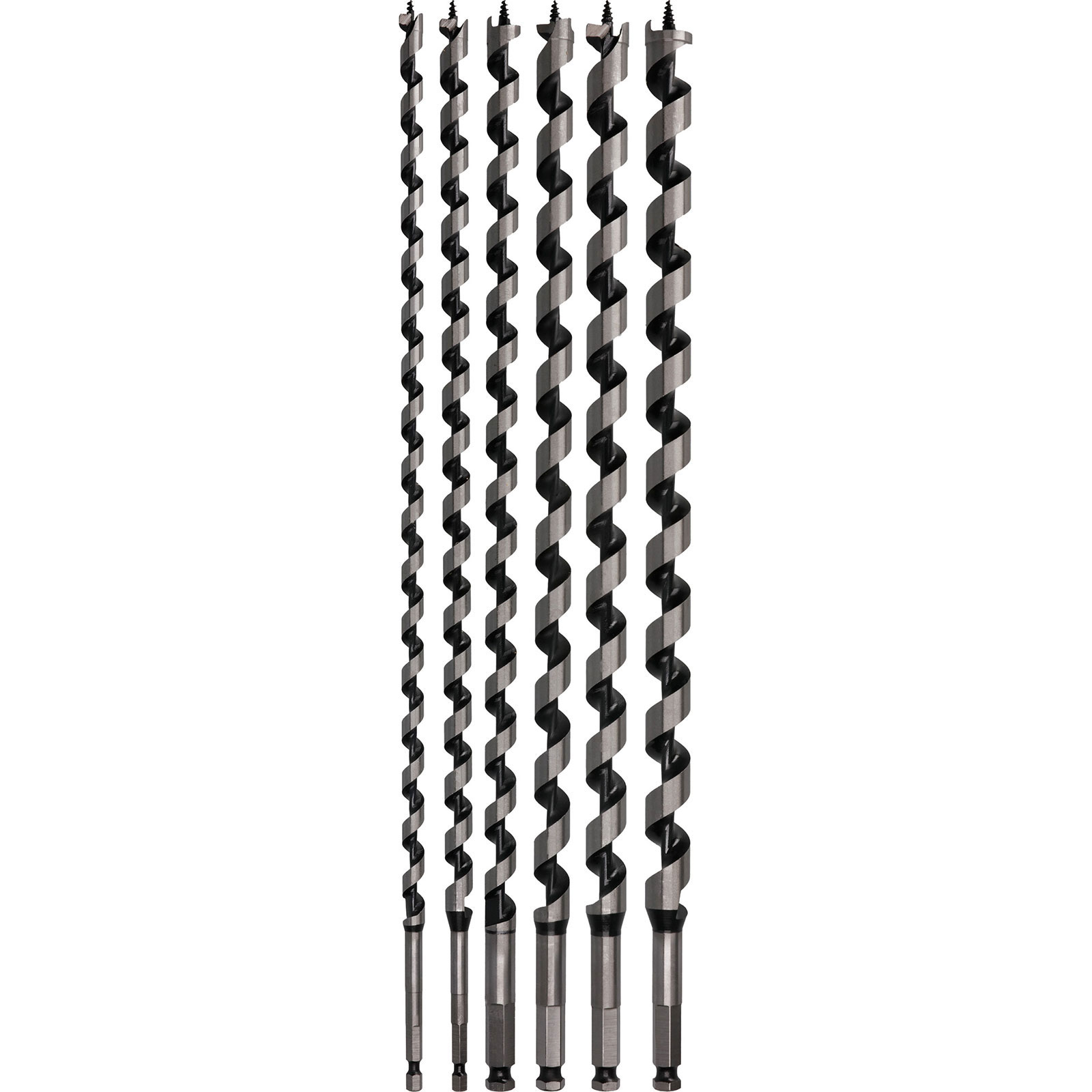 Dziewięć wierteł ślimakowych ułożonych pionowo na białym tle. Mają spiralny wzór w kolorach czarnym i srebrnym.