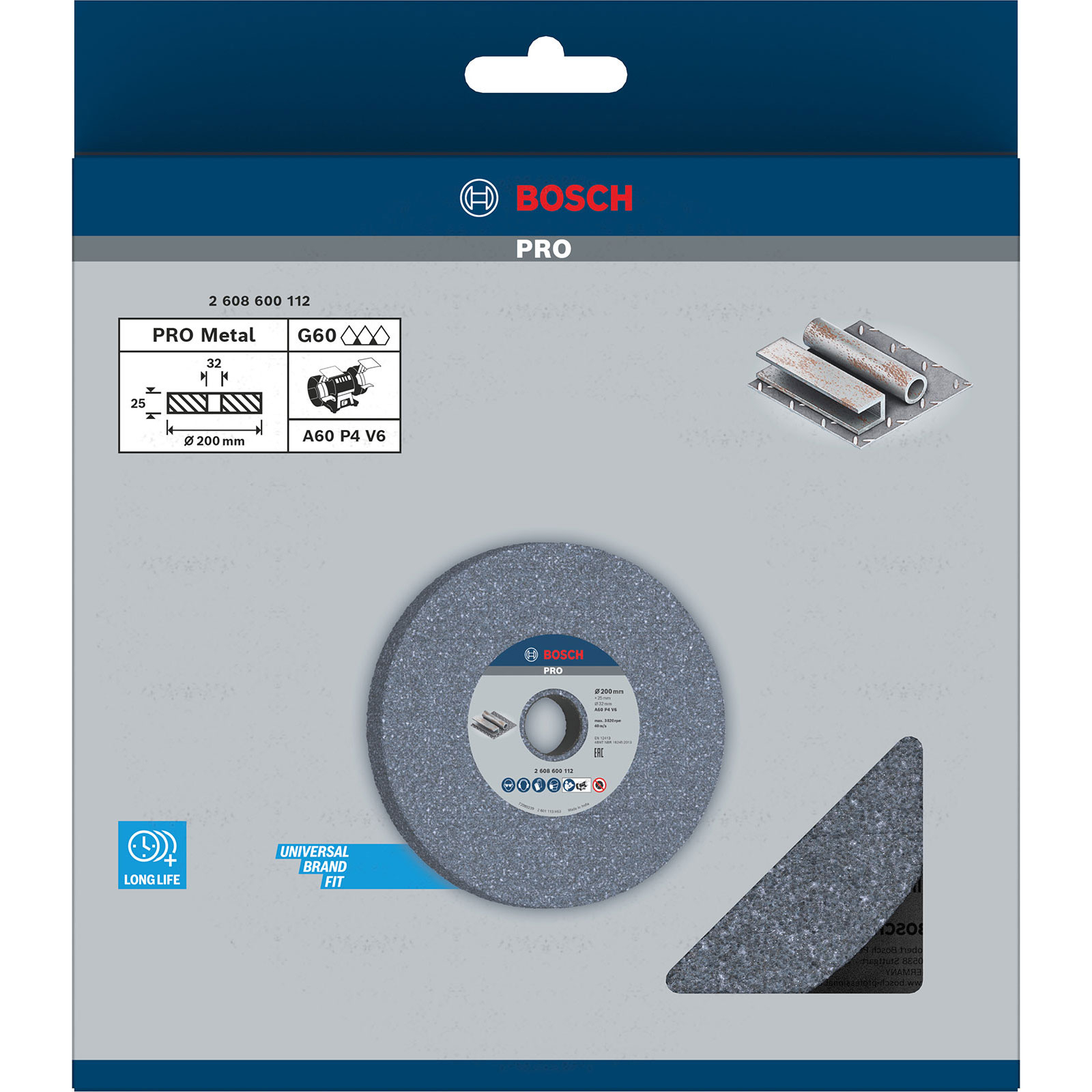 Un pacchetto di disco abrasivo Bosch PRO. Mostra il disco, pezzi di metallo e dati tecnici.