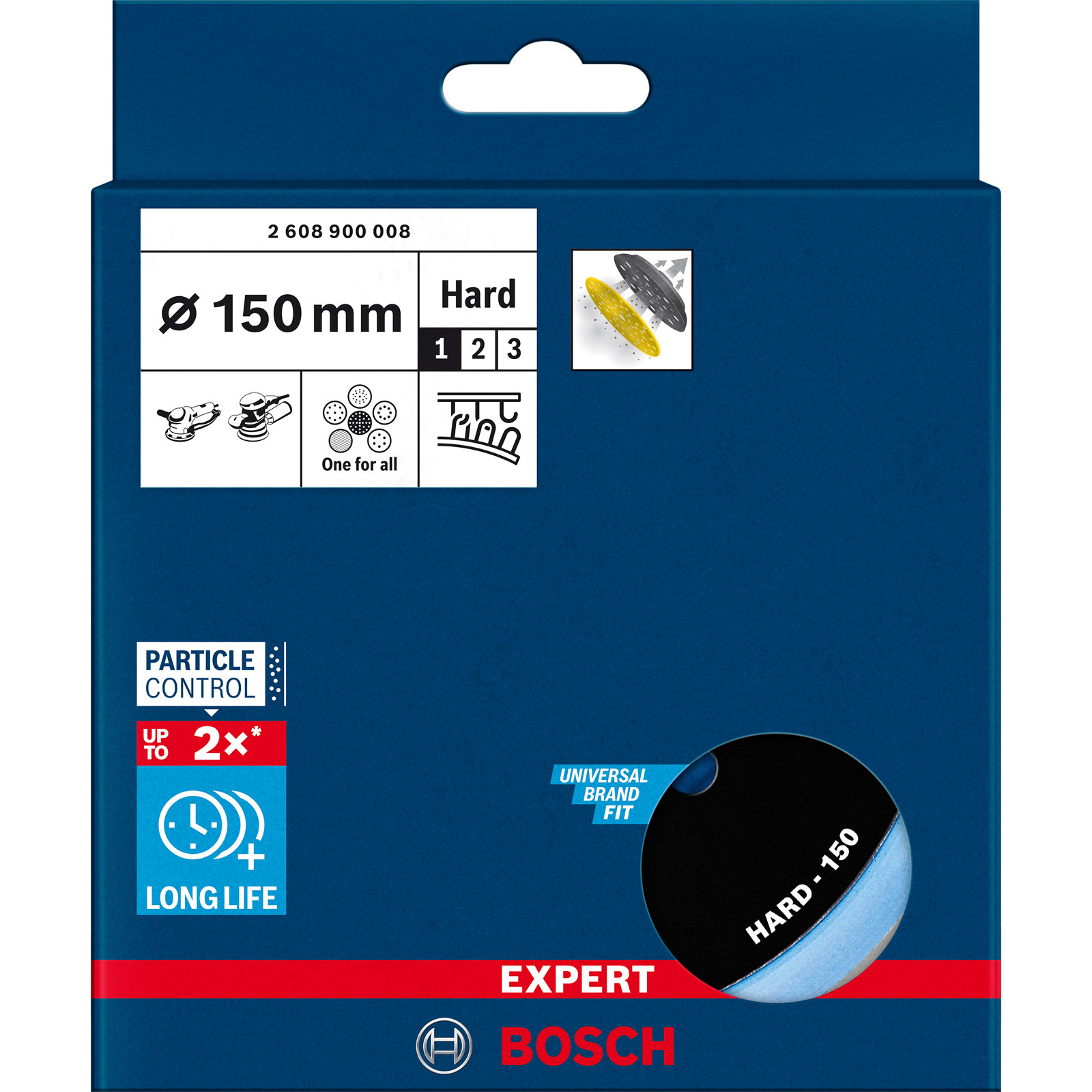 Bosch Schleifscheibenverpackung. Blaue und weiße Box mit Produktdetails, Illustrationen und einem Scheibenbild.