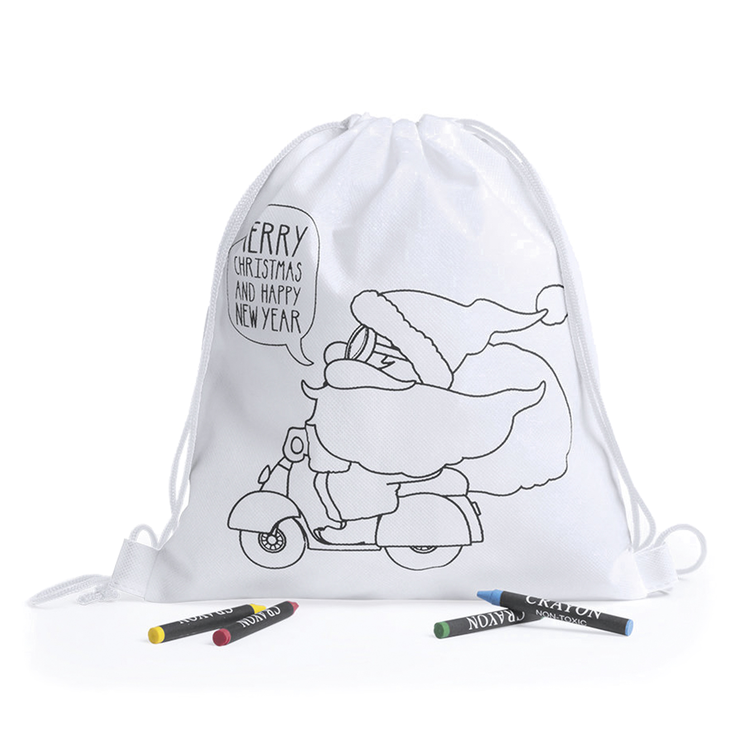 Borsa bianca con Babbo Natale su scooter, fumetto dice Buon Natale. Pastelli rosso, giallo, verde, blu su sfondo bianco.