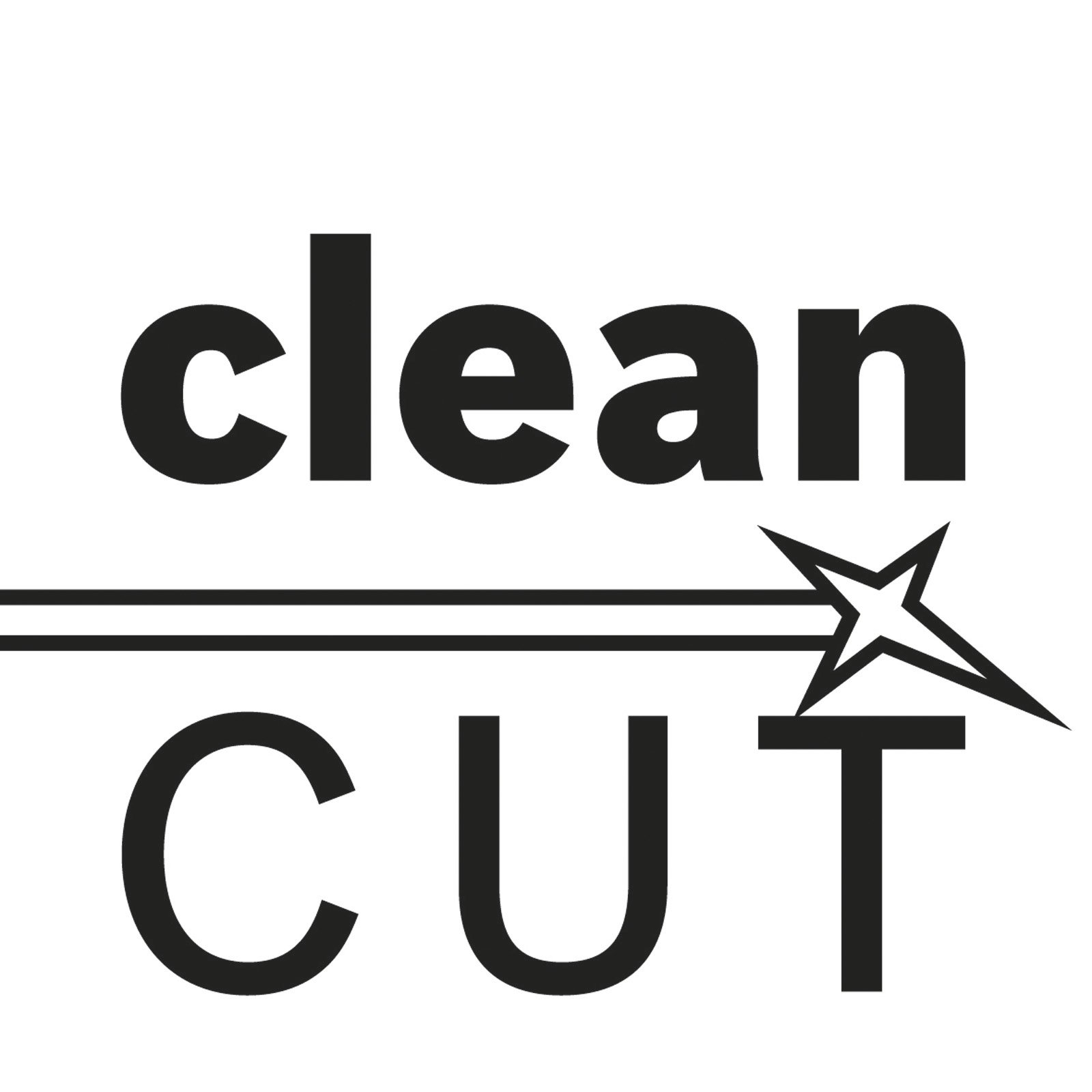 Texto negro "clean CUT" sobre fondo blanco. Un gráfico de estrella está al lado de la palabra "CUT".