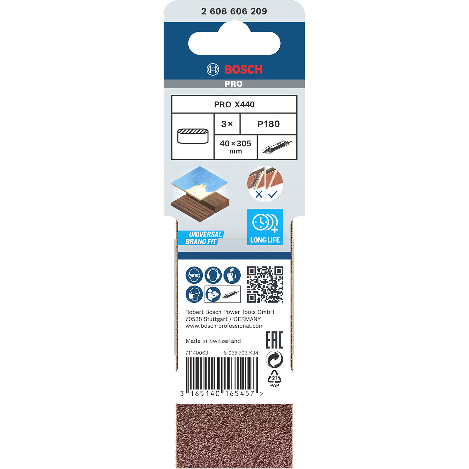 Bosch Pro X440 Schleifpapierverpackung. Enthält Produktdetails, Illustrationen und Sicherheitssymbole. Brauner Hintergrund.