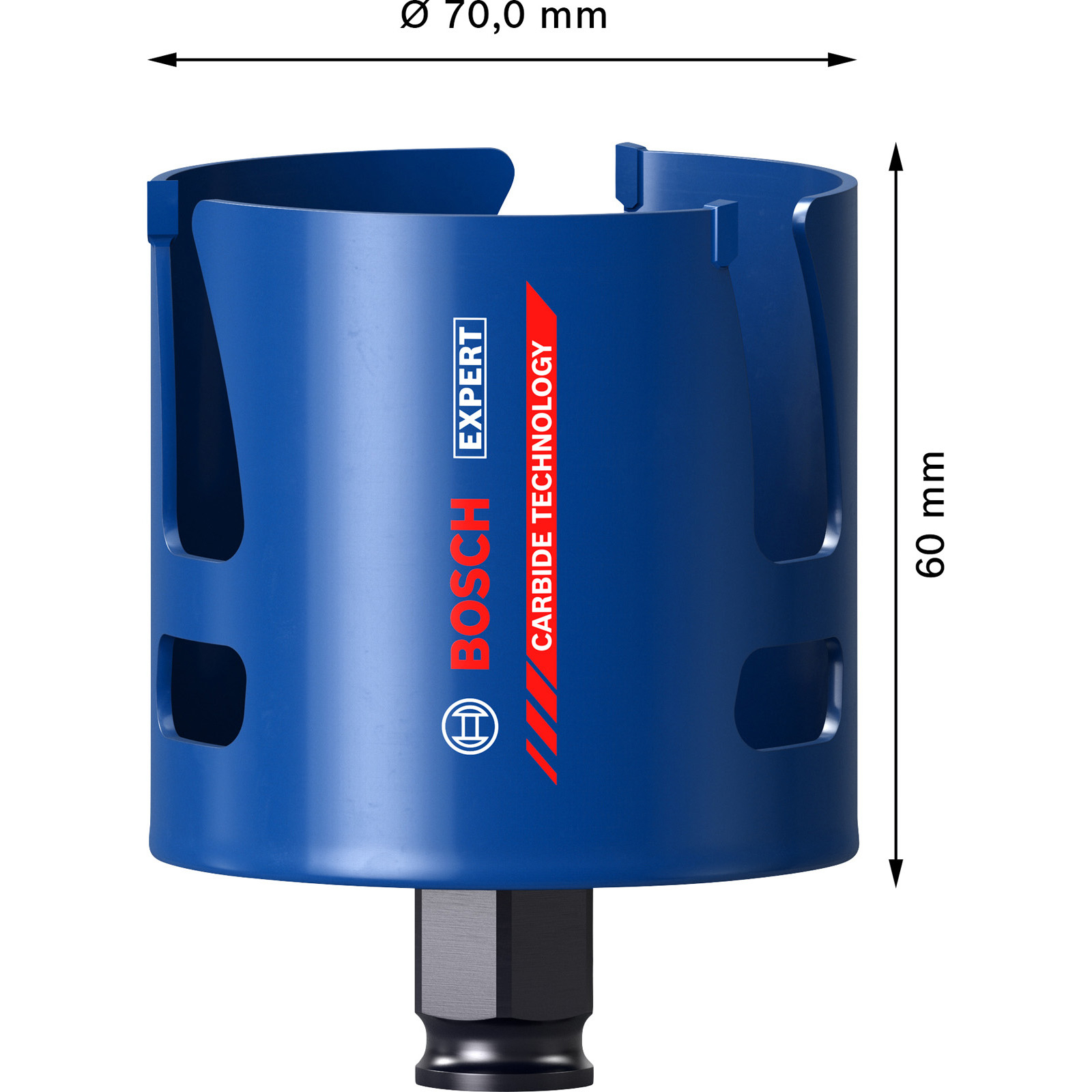 Blaue Bosch Expert Lochsäge mit den Maßen Ø70mm und 60mm. Sie zeigt das Bosch-Logo und Carbide Technology.