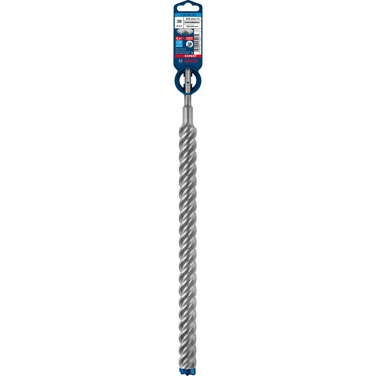 Ein Bosch SDS plus-7X Bohrer mit blau-weißem Etikett. Er hat einen silbernen, spiralförmigen Bohrer.