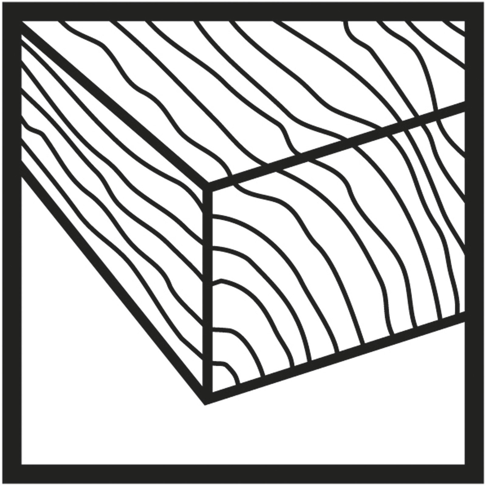Schwarz-Weiß-Illustration eines Holzblocks mit Maserungslinien, umrahmt von einem schwarzen Rahmen auf weißem Hintergrund.