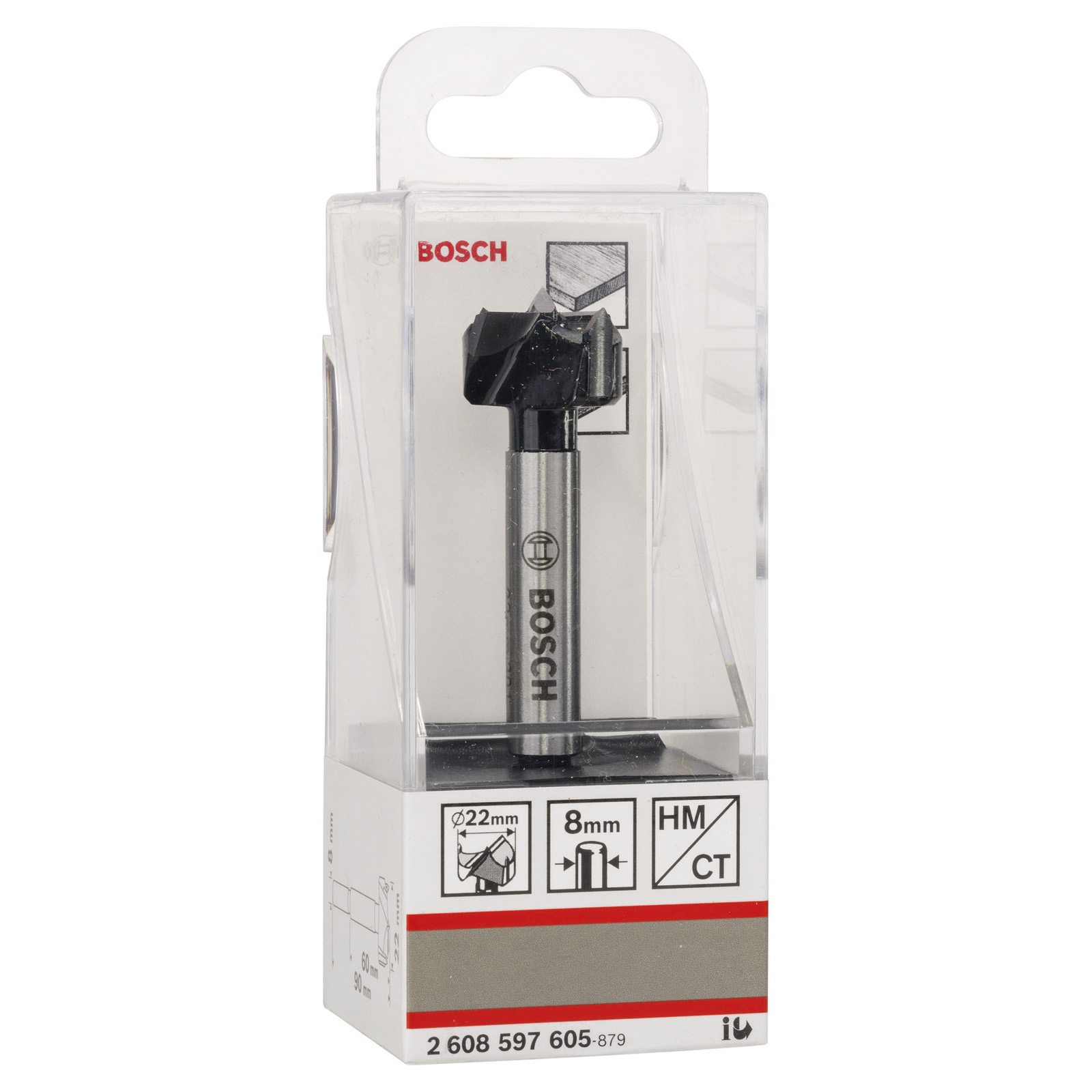 Bosch-Bohrer in transparenter Kunststoffverpackung. Der Bohrer ist schwarz und silber.