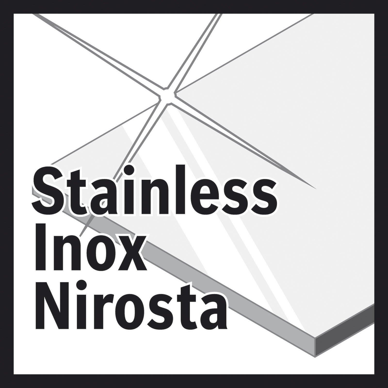 Ein Logo mit dem Text 'Stainless Inox Nirosta' auf weißem Hintergrund mit grauen Linien, in einem schwarzen Rahmen.