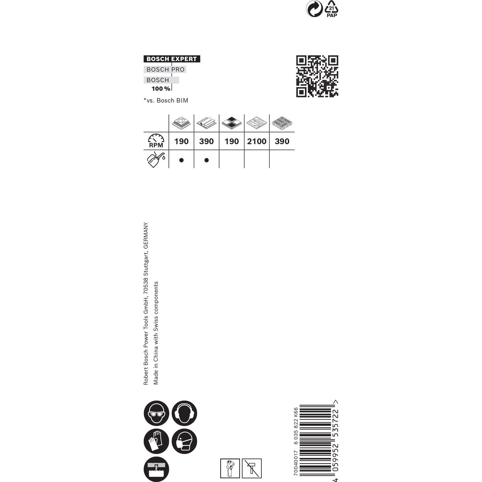 Białe opakowanie produktu z tekstem. Zawiera kod QR, symbole bezpieczeństwa i specyfikacje produktu.