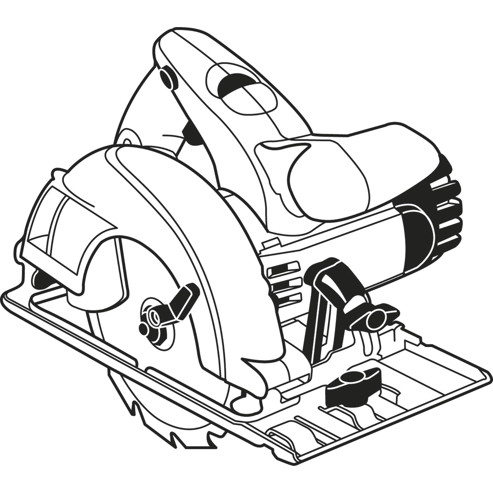 Schwarz-Weiß-Illustration einer Kreissäge mit Details zu Blatt, Griff und Motor.