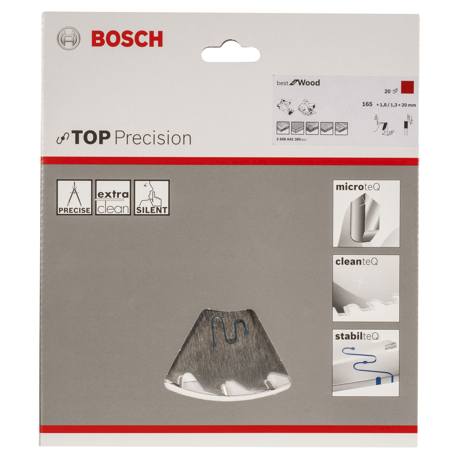 Bosch-Sägeblattverpackung. Rotes und graues Design mit Text, Diagrammen und sichtbarem Sägeblatt.