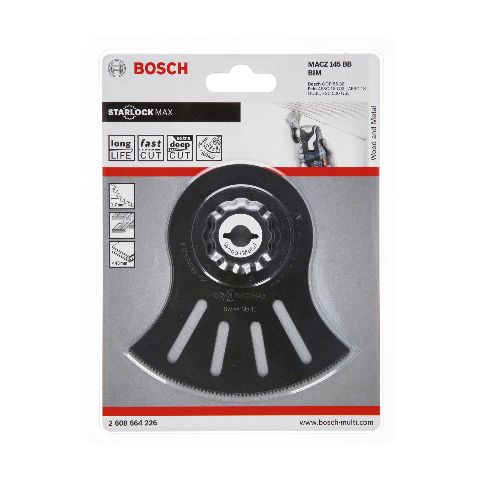 Bosch Starlock Max Sägeblatt auf Verpackung. Schwarzes Blatt mit weißem Text und Symbolen. Verpackung mit Bosch-Logo.