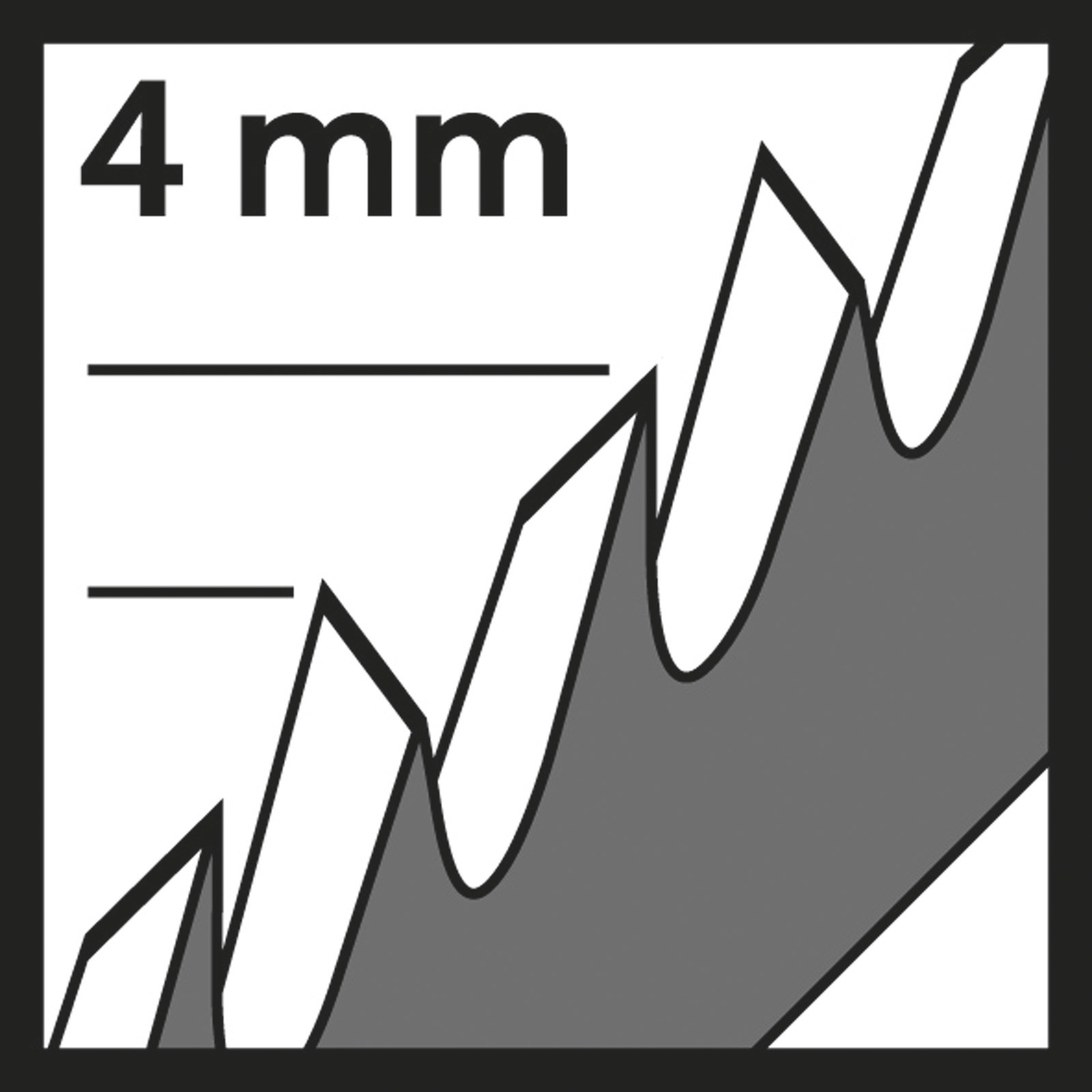 Schwarz-weiße Grafik mit '4 mm' oben, Linien und einer Sägeblatt-Illustration.