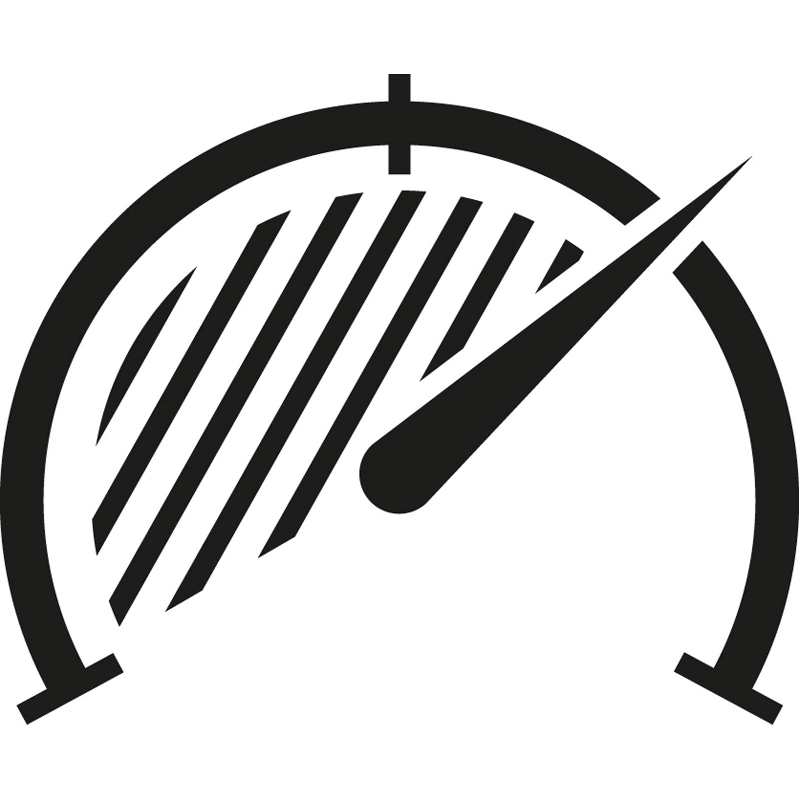 Czarny wykres prędkościomierza na białym tle. Pokazuje igłę skierowaną w prawo, z pionowymi liniami wskazującymi prędkość.