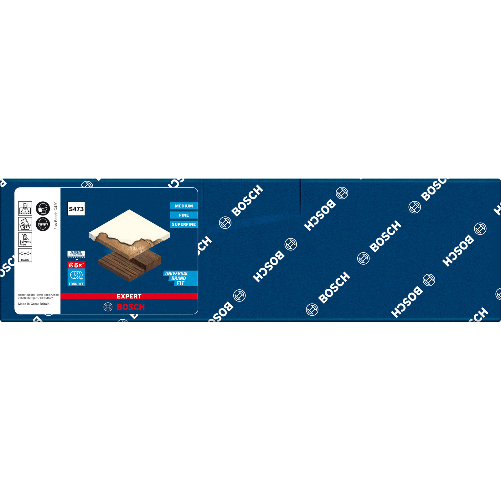 Bosch Expert S473 Produktgrafik. Zeigt Holzschichten, weißes Material und einen blauen Bosch-Logo-Hintergrund.