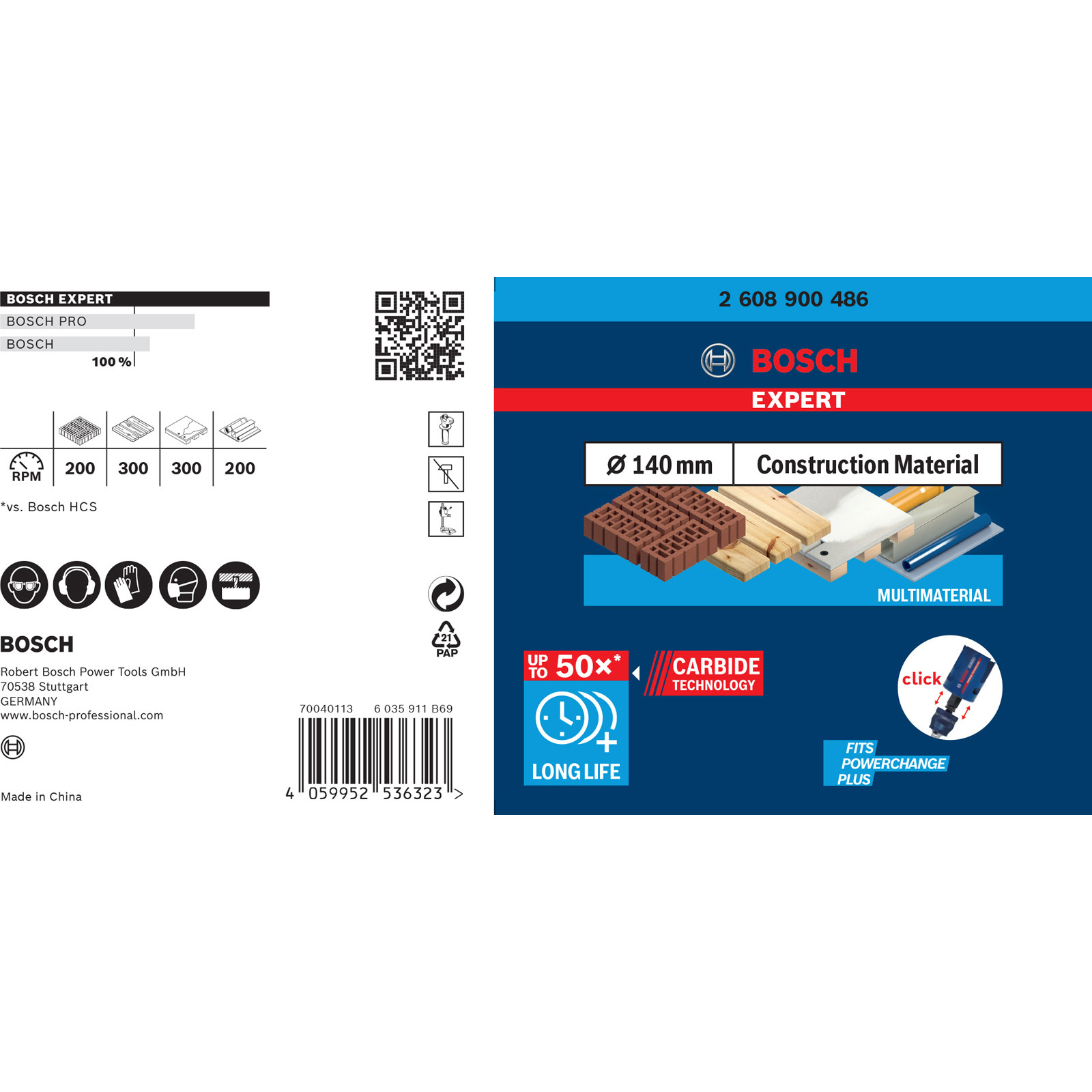 Opakowanie produktu Bosch. Pokazuje ostrze z tekstem: ekspert, materiał budowlany, technologia węglikowa, długa żywotność.