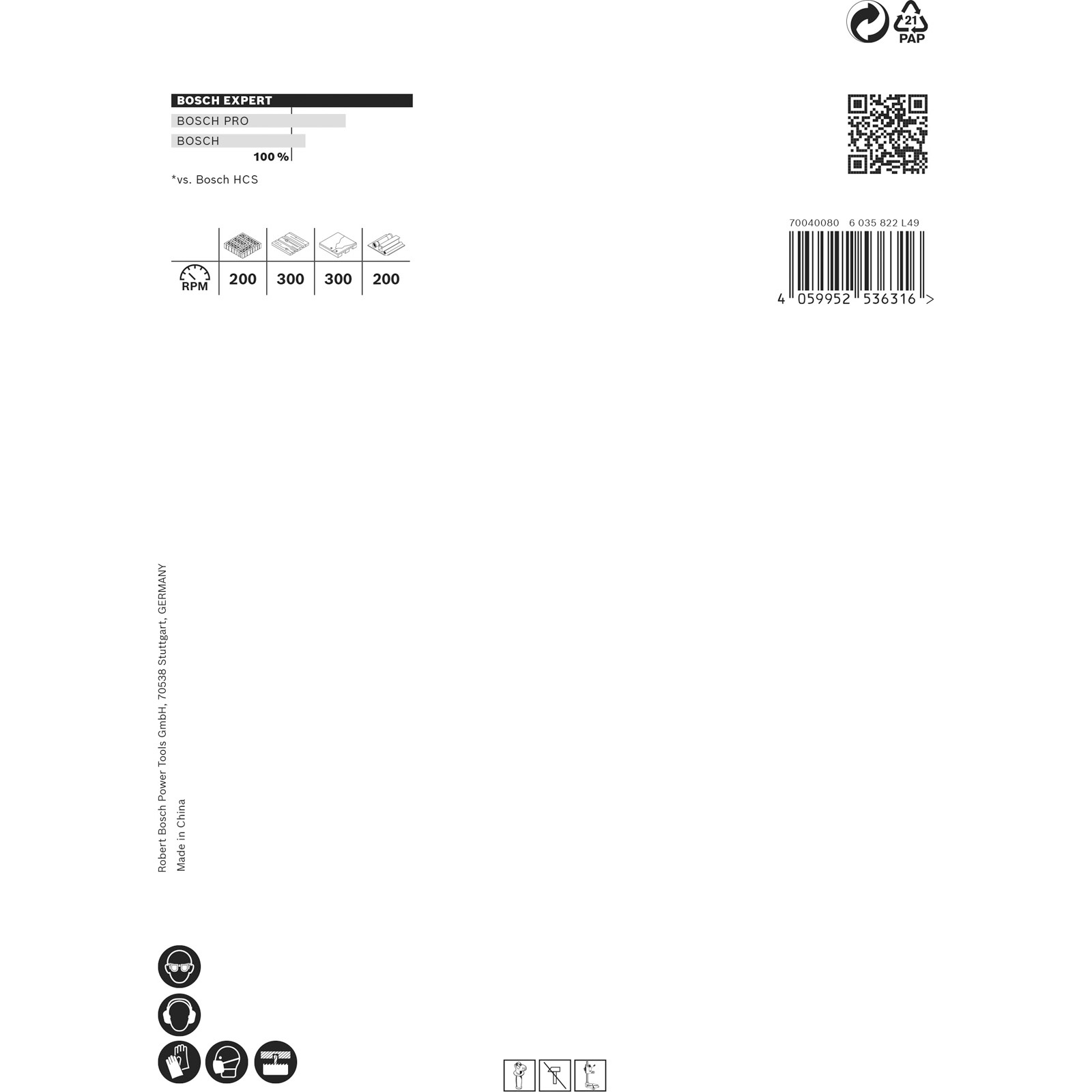 Weißer Hintergrund mit Bosch-Produktinformationen, Drehzahlangaben und Sicherheitssymbolen. Enthält einen Barcode und ein Recyclingsymbol.